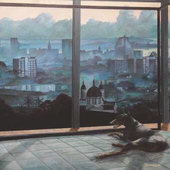 Painting of a dog lying on a bed looking out over a cityscape.