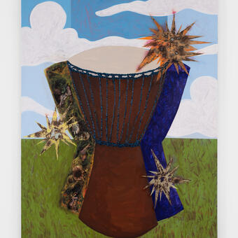 Djembe drum centered in a landscape painting. Fire burned starburst that represent sound explode from the drum. The drum also shows the presence of the past and future on either side. 