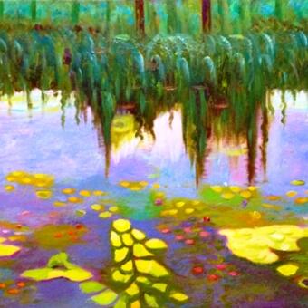 Weeping willow with water lilies at spring time