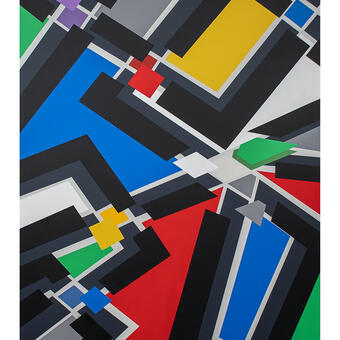 A substantial 72" x 96" hand painted 2D canvas. The magnified lower layer features distinct geometric patterns with color-blocked shapes connected by prominent black bars. Elevated above the surface, identical formations hover in a puzzle-like arrangement, poised over their designated locations.