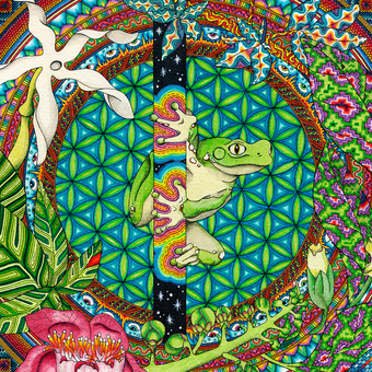 Frog clinging to a galactic stem in front of the Flower of Life, surrounded by plants and flowers