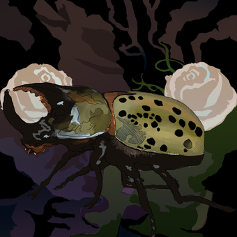 A large mandibled bettle, gold and spotted. Flowers are in the background, and in is in green river goo. 