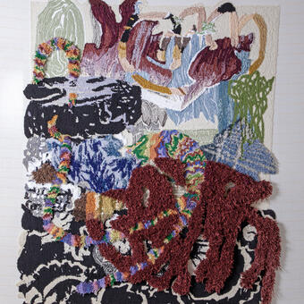 rug tufting and embroidery on cloth stretched over wood large. large mixed media work