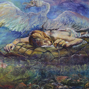 young woman laying flat on floating turtle, blue sky, large white swan, angry overpowering woman, claws in her shoulders, floating piglet below, fish and deep blue,purple washes