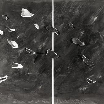 A two part painting on paper (diptych) with torn shards from one side traveling to the other side. Pastel drawing under the torn away pieces