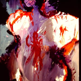 Figure with shadowed face, white shoulders in a purple robe and bloodied body on a dark background.