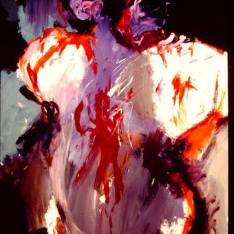 Figure with shadowed face, white shoulders in a purple robe and bloodied body on a dark background.