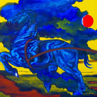 Blue horse rearing in smoke