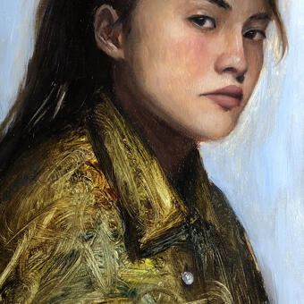 This painting is a self portrait. The hair is in a high ponytail and the woman's gaze is directly at the viewer. The top she'd wearing has an abstracted, brushy quality and is green in various olive hues. On the shirt are two silver buttons. 