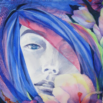 watercolor with a young woman's face and flowers