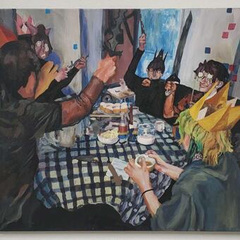 people in masks and crowns sitting around a table swinging swords at eachother