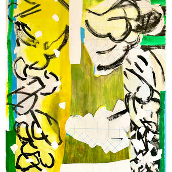 large abstract painting of strips of bright yellow and green color with cut out like white shapes dancing you in a circle through the painting