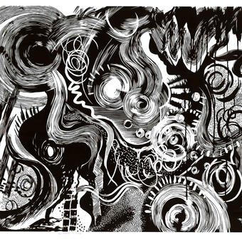 Black and white relief print: Abstract image with many swirls, flowing lines that look painted, and drip-like marks on the top right. There is a lot of movement and variety throughout the piece.