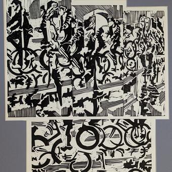 Multi-plate print of walkers and bicyclists in the rain