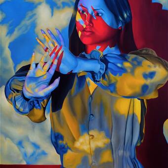 A colorful oil painting of a young woman with long, dark hair. She is wearing a shirt with puffy sleeves and is raising her hands in front of her face. The shadows from the hands are bright red and cover her mouth, nose, and parts of her cheeks and eyes - outlining the hands and fingers. The background is a blue sky with white and yellow clouds. The clouds are repeated in a darker blue, gray, and mustard yellow color over the shirt. They are also reflected over her hands and face.