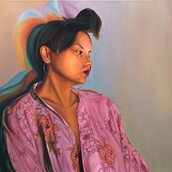 Colorful self portrait of Lillian wearing a pink floral robe, red lipstick and gold hoop earrings. Her hair is tied up in a messy bun above her head. There is a colorful shadow behind her. Her face is tilting towards her left shoulder.