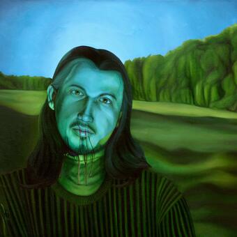 An oil painting of a man with long hair standing in front of a green field with puffy lush trees in the background and a clear blue sky with no clouds. He is wearing a striped sweater. His face is a light cyan color, from the sky. His neck is green like the grass and tree line. There are four barren trees with minimal branches reaching from his neck over the bottom of his face and his lips. He has short and wispy facial hair.