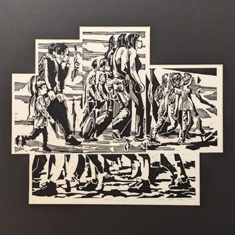 A five bloci print, with a family of a man, womand and 2 children with a print of walking feet below them