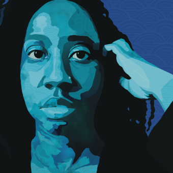 Portrait of a Black woman meeting the gaze of the viewer with her hand resting on the side of her face. The image is colored blue and utilizes watercolor textures and wave patterns over the skin and background.