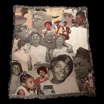 Image of a collaged woven blanket of various Black women and men on a black background