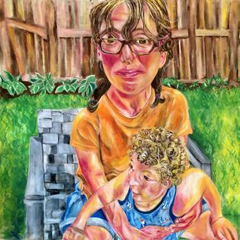 Acrylic painting on drop cloth of a woman and her child in the backyard