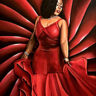 Woman in red evening gown looking over her shoulder and holding the sides of her dress on red swirl background