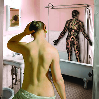 The viewer is behind a woman wearing only a towel around her waist and walking into a sparsely furnished bathroom. A dark shadow figure with anatomical nervous system details stands in the shower and greets her with open arms.