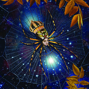 A glorious golden garden spider weaves her web under a dark midnight sky. Her star-studded web is woven from cosmic lines of fate. In its center, she is very well informed and ready to manipulate any line at will. Her lovely human face is impassive, with downturned eyes focused on the many strands. Her bejeweled abdomen is graced by an elaborate crown bedecked with sparkling diamonds. 