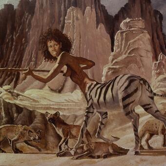 A female centaur standing her ground against male heyenas.