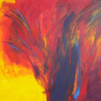 bold painting made of red, blue, and yellow with imoression of a pheonix rising from the ashes