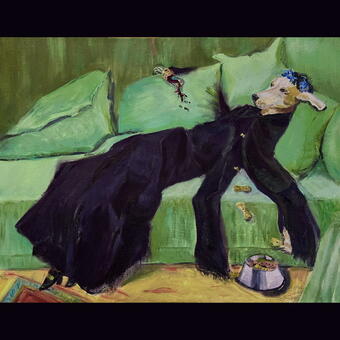 This oil painting depicts a hound lounging back on a green sofa.  She is dressed in a flowing black gown. The hound is spilling wine from a glass and dropping dog bones and crumbs to the floor.