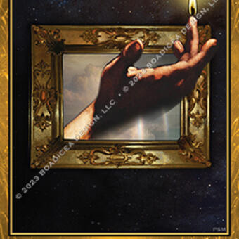 From a portal in the great dark emptiness of space, a human hand emerges from a gilded picture frame. Within the frame, the upper background is obscured by clouds, while the lower background shows  a double rainbow. The middle finger blazes with a bright flame as the hand reaches past the gilded frame towards the stars beyond. 