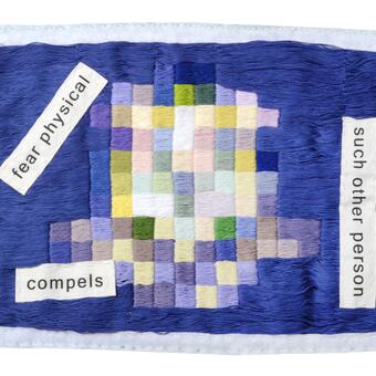 embroidery of pixelated Connecticut flag with text that reads "fear physical" "compels" "such other person"