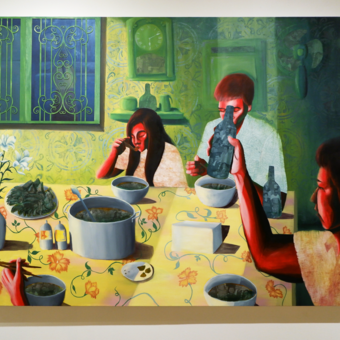  This painting portrays a family sitting around a dining table covered in a yellow floral tablecloth. The scene includes bowls of food, a pot, and bottles. Three figures with red-tinted skin tones are eating and drinking. The background features green walls with ornate patterns, a clock, and a window with intricate ironwork. Surrounding the painting is a collage of personal photos, adding layers of memory and intimacy to the scene. The atmosphere blends nostalgia and emotion, capturing an intimate moment.