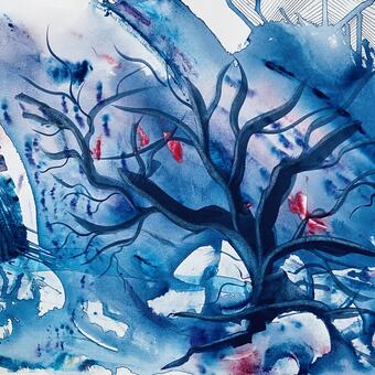 This watercolor depicts a land that has survived  a storm in blues and reds.