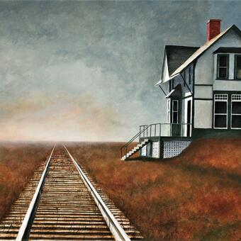 Acrylic, 31 by 41 inches, lonely image of train station and empty tracks