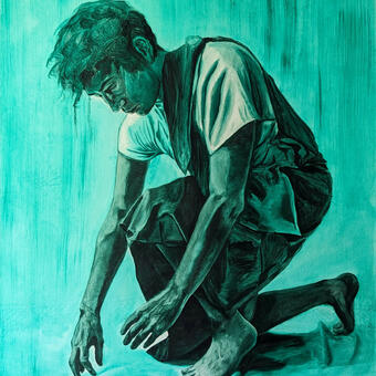 monochrome oil painting in vibrant green depicting a solitary figure of a crouching man searching for something unseen on the ground. he is draped in cloth and is painted realistically against a background that has been lightly washed with a thinned pigment that is lighter in value than the figure. 