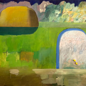 oil and wood blocks on sewn canvas, 8 x 6 ft, 2024