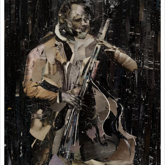 It's a black and white collage made from torn magazines and glue.