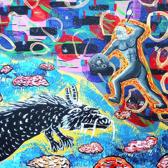 black dragon battling greek god in the stars