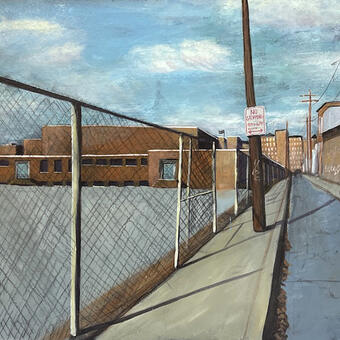 image of a gloomy street and a public school with fencing and graffiti