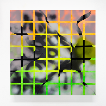 A bright, neon background shines through a fuzzy spray-painted grid that slightly shows a grif