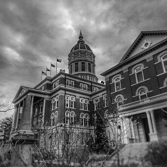 greyscale photograph of Jesse Hall at the University of Missouri