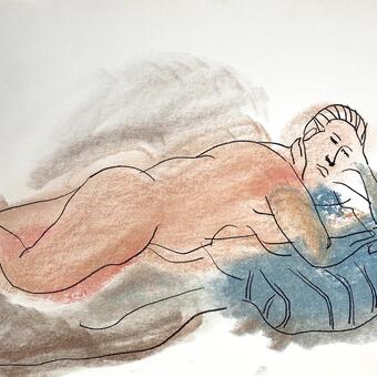 Pastel drawing of a reclining model with blue pillow