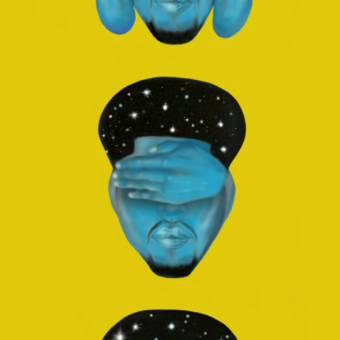 A striking triptych that reimagines "See No Evil, Hear No Evil, Speak No Evil" through a cosmic lens. The deep blue faces, celestial hair, and glowing eyes convey introspection, truth, and silence against a vibrant yellow backdrop. This piece invites viewers to explore the vastness of self-awareness and the moral universe within.