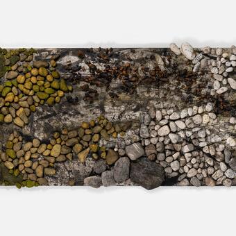 3-D horizontal painting made from India ink and natural dyes. wire, Organic shaped forms from Styrofoam covered with natural dyes on crepe paper.