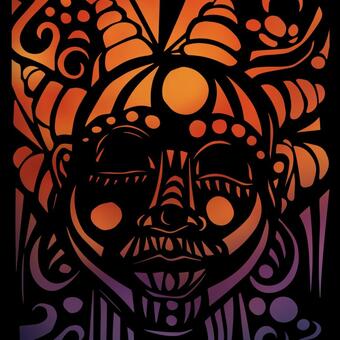 A black paper cutout of a girl with Bantu knots in her hair, set against a digital background blending orange and purple hues.