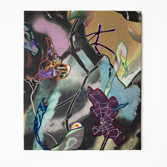 abstract painting comprised of textile parts sewn together with an embroidered linework. dark tones, reminiscent of leaves and plants seen at night