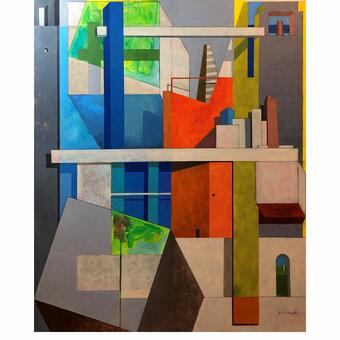 Architectural invented imagery, acrylic and ink work, strong geometric composition
