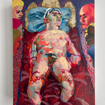 A nude male figure reclines on a small cot, surrounded by figures who’s heads can be seen peeking from the right and left edges of the panel. 